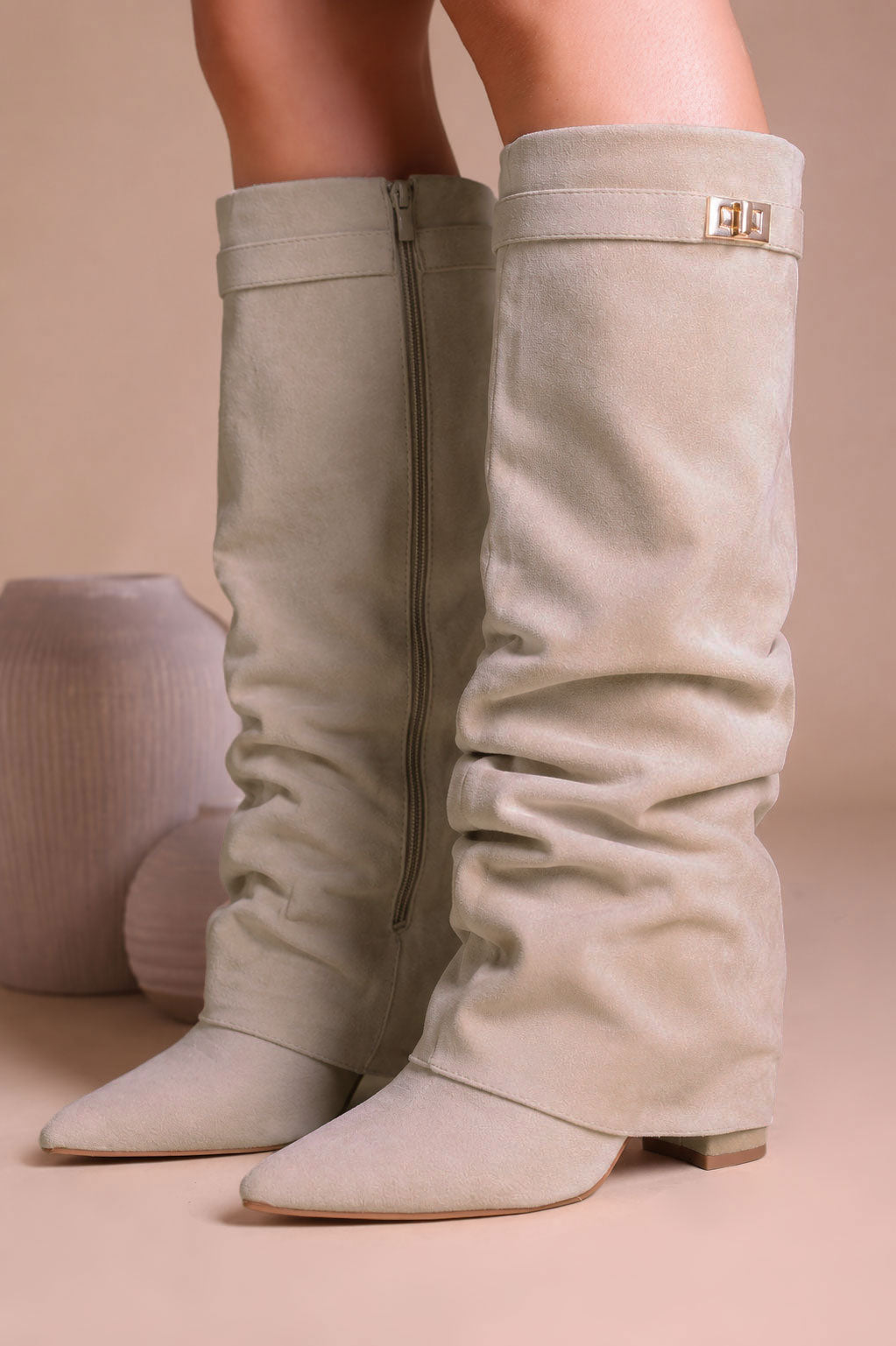 Kniestiefel Umlegbar Wildleder-Imitat Beige