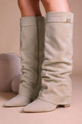 Kniestiefel Umlegbar Wildleder-Imitat Beige