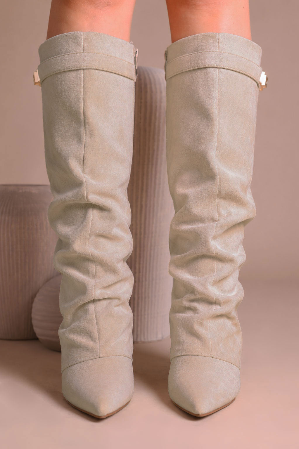 Kniestiefel Umlegbar Wildleder-Imitat Beige