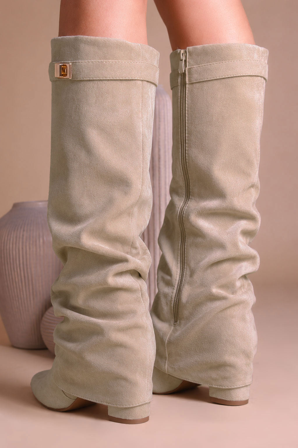 Kniestiefel Umlegbar Wildleder-Imitat Beige