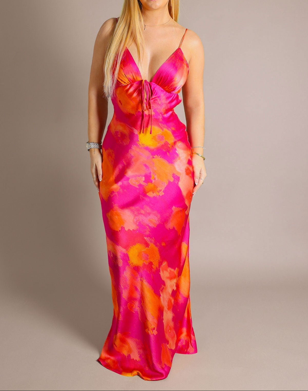 Maxikleid Satin Offener Rücken Fuchsia