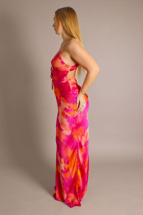 Maxikleid Satin Offener Rücken Fuchsia