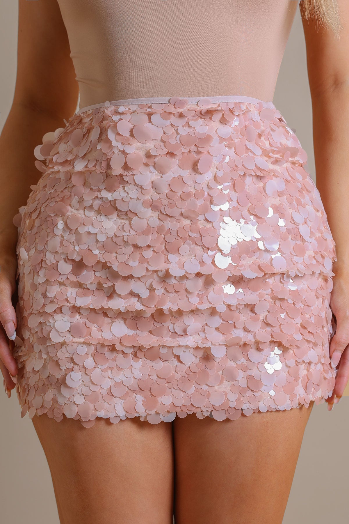 Minirock Pailletten Rund Beige Rosa