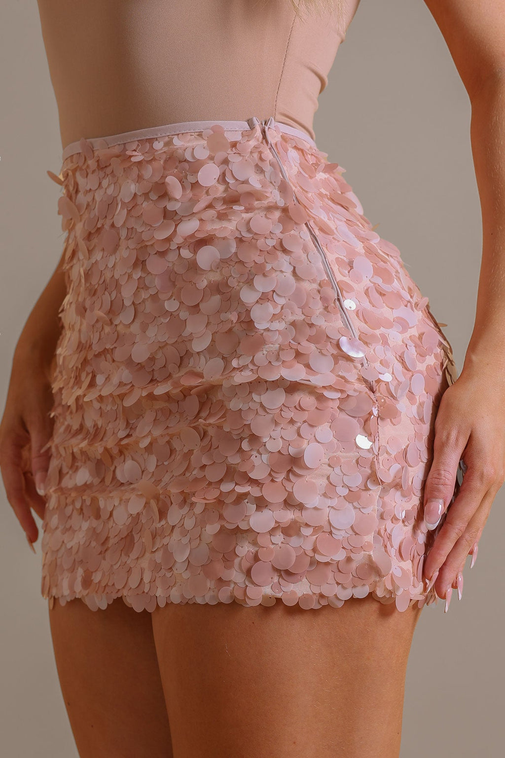 Minirock Pailletten Rund Beige Rosa