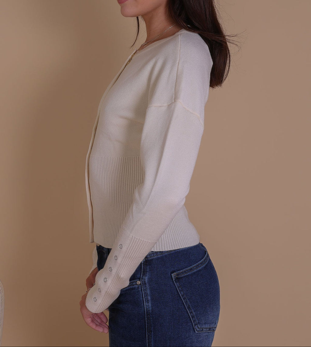 Strickjacke Druckknopf Tailliert Creme