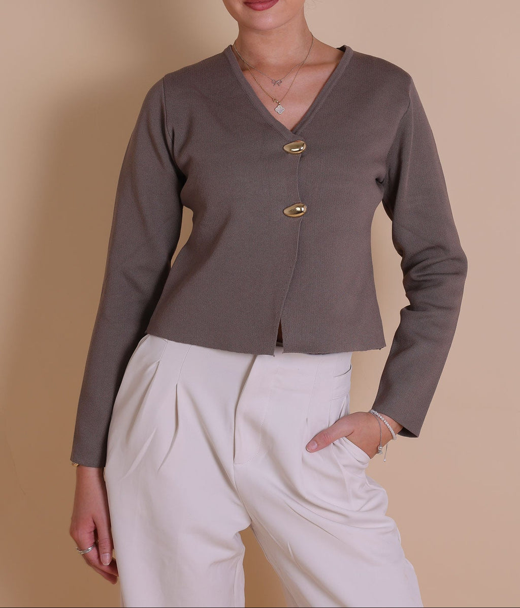Strickjacke Rillenmuster Goldknopf Taupe